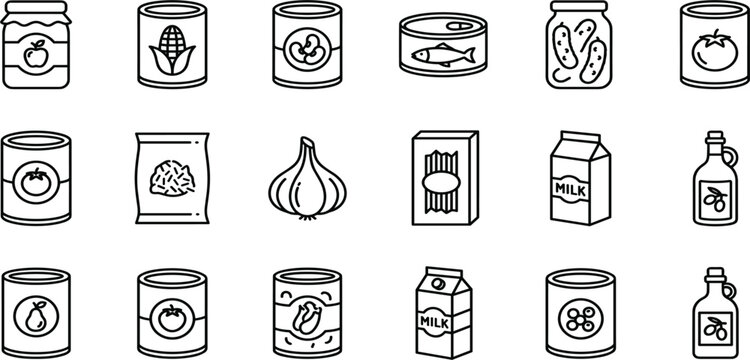Pantry Staples and Grocery Food Line Icon Set with Canned Goods Vegetables Milk Olive Oil Pasta and Preserved Food Items Outline Vector Illustration