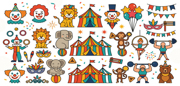 Vintage Circus and Carnival Icon Set featuring Cute Performance Animals, Clowns, Big Top Tents, Acrobats, Strongmen, Balloons, and Festive Bunting Banners for Party Vector Designs