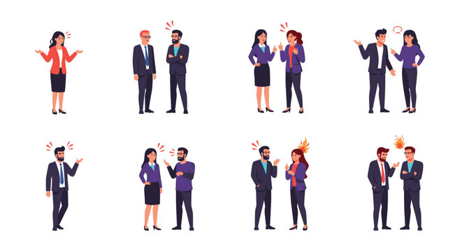 Several pairs of business people having heated arguments and conflicts with angry expressions and hand gestures.