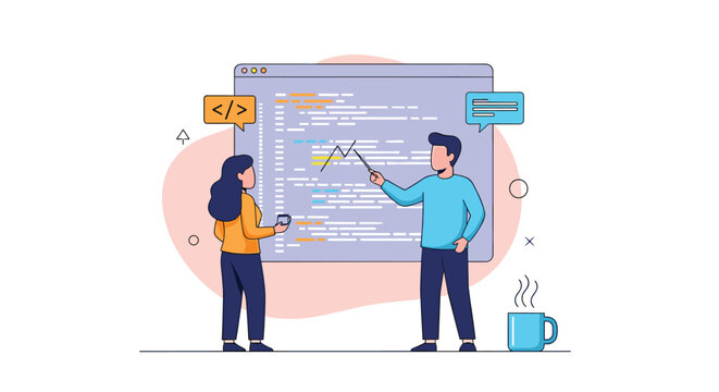 Male and female software developers working together to analyze and write computer code on a large digital screen.