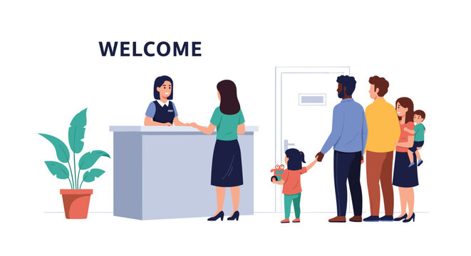 Diverse group of people including families and individuals waiting in line at a reception desk with a welcome sign.