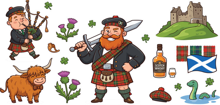 Scottish Culture and Folklore Cartoon Vector Clip Art Set with Warrior Highland Cow Bagpiper Castle Loch Ness Monster and National Symbols on White Background