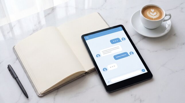 Blank open notebook beside modern digital tablet showing chat interface on white marble stone surface.