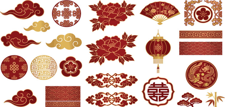 Traditional Chinese Lunar New Year Red and Gold Decorative Vector Element Set with Auspicious Clouds Peony Flowers Lantern Dragon and Phoenix Patterns