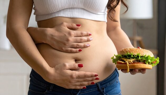 Pregnant Woman Holding Hamburger and Belly.
