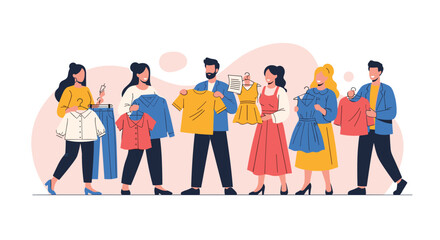 Fototapeta premium Group of happy friends holding up various clothing items like shirts and dresses illustrating a fashion shopping or thrift theme.