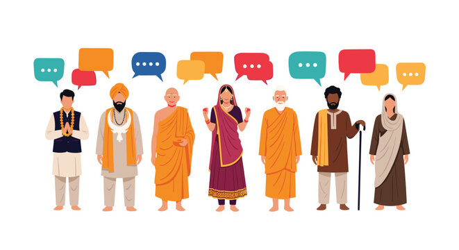 Diverse group of people representing different global religions and cultures standing together with speech bubbles for dialogue.