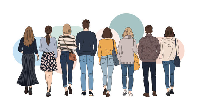 Back view of a group of diverse people walking together against a background of soft colorful circles in a casual urban setting.