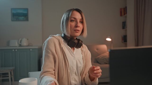 Producer working on musical composition. Female music producer thoughtfully composing in her cozy space. Caucasian woman passionately creating music at her laptop with relaxed atmosphere
