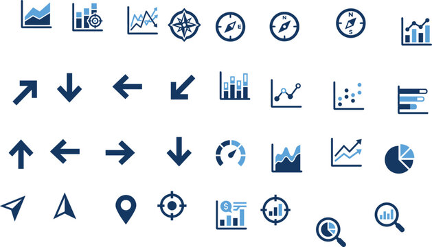 Blue vector icon set with charts, arrows, navigation symbols, and data visualization elements for business intelligence design