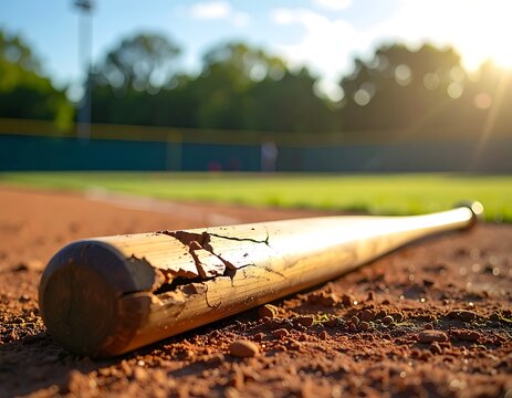 A broken baseball bat on a sunny baseball field