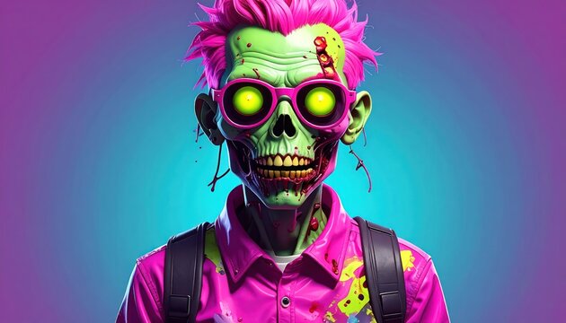 Vibrant Zombie Portrait - Pink Hair, Sunglasses, and a Spooky Smile Against a Colorful Backdrop.