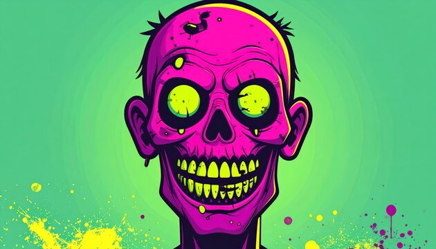 Vibrant Zombie Portrait - Spooky Illustration with Glowing Eyes and Grinning Teeth.