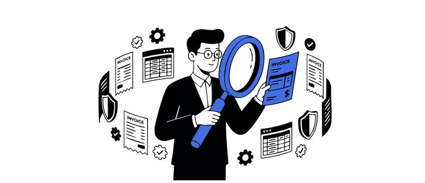 Financial audit businessman invoice analysis with magnifying glass inspecting tax billing documents, security shields, gears, and spreadsheet data for corporate accounting compliance concept graphics.
