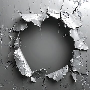 A broken heart-shaped hole in a cracked gray wall