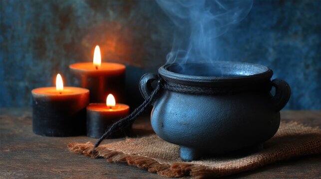 Mystical bubbling cauldron emitting gentle steam with warm candlelight, conjuring magic and ancient rituals.