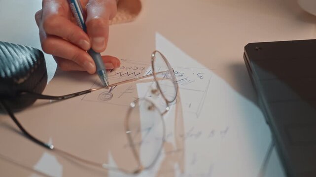 Songwriter hands writing lyrics on desk, music lover scribbles melody beside glasses and headphones case, pen tracing dotted notation across paper, warm evening light, focused creative mood
