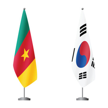 Cameroon and South Korea flags on flagpoles for official ceremonies and meetings, transparent background vector