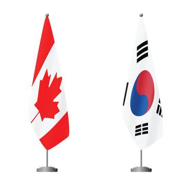 Canada and South Korea flags on flagpoles for official ceremonies and meetings, transparent background vector