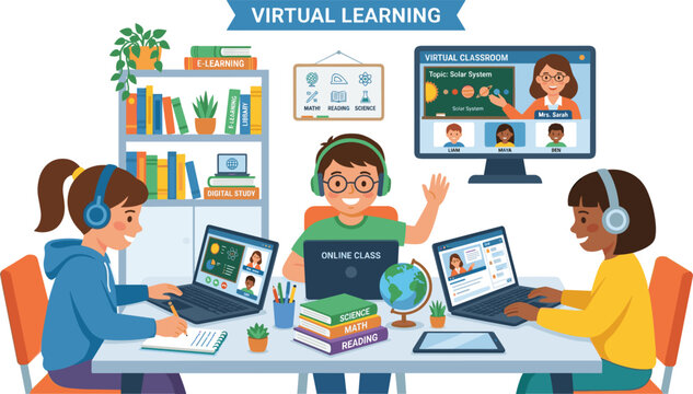 Children engaged in virtual learning with laptops, books, and online teacher flat vector illustration for e-learning and education design