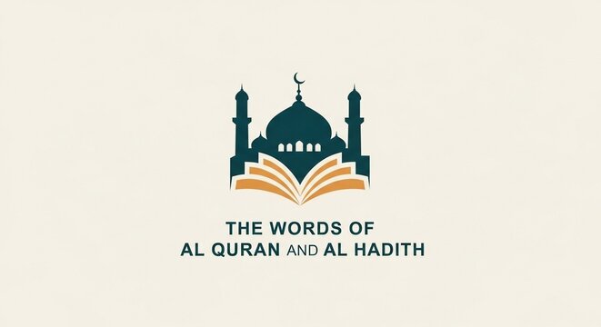 A minimalist featuring a dark green silhouette of a mosque dome and minarets positioned directly above an open book with golden pages, set against a light beige textured background