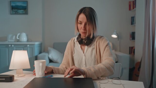 White woman music lover with headphones sipping coffee at cluttered desk, latenight composer reviewing notes, opening laptop, reaching for controls, lamp lit apartment setting, focused creative