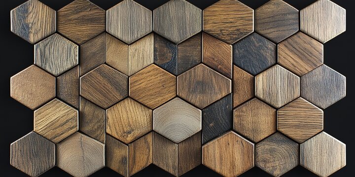 A wooden hexagonal tile pattern on a black background