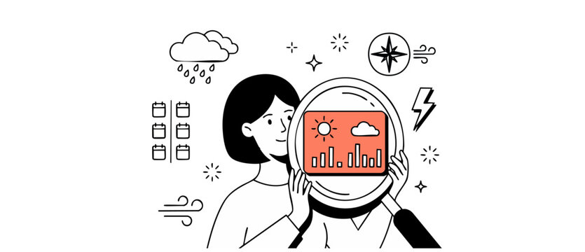 Weather forecast analysis woman vector illustration style, examining climate data chart with magnifying glass, planning seasons, schedules and meteorology prediction. Modern minimalist line icon art.