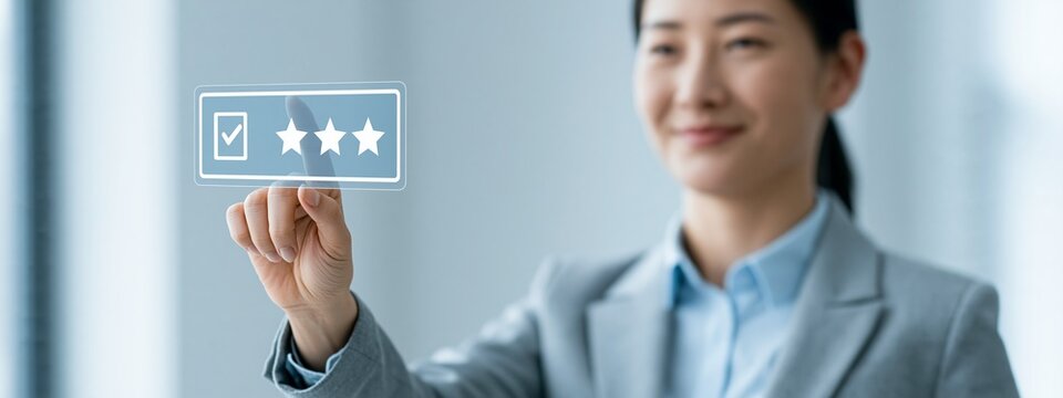 Businesswoman Give Assessment, Choose Checkmark, Star Rating Interface