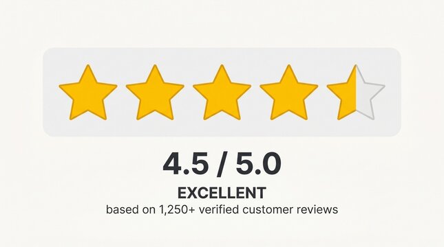 A horizontal rating bar showing four and a half out of five stars in bright yellow color, with text indicating status based on over one thousand two hundred fifty verified customer reviews