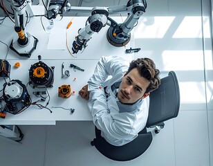 Obraz premium A man in a white lab coat sitting at a table with robotic parts