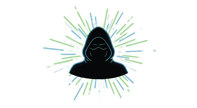 Mysterious hooded figure with glowing energy lines emanating outwards, representing digital threat and anonymity.