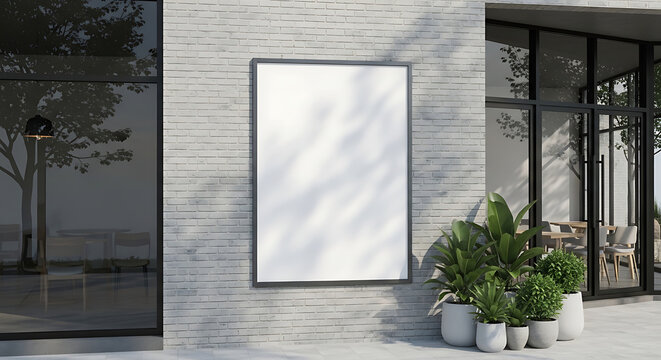 Poster frame hangs against a light gray stone wall surrounded by lush green potted plants in an outdoor cafe setting.