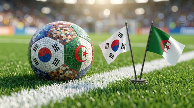 South korean and algerian flags with mosaic soccer ball on green field
