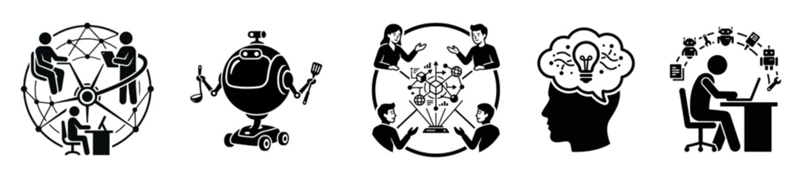 Artificial intelligence productivity and creative thinking silhouette vector set with robot assistant and teamwork icons