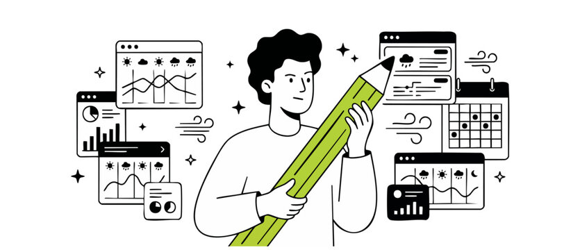 Weather data analysis flat illustration of a man designing forecast dashboard with a giant green pencil, planning schedules and customizing UI charts and meteorology graphics for business reports.