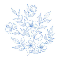 Fototapeta premium Blue line drawing of flowers and leaves on with a butterfly
