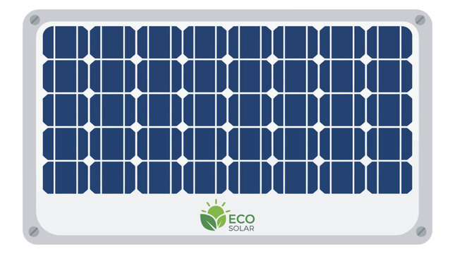 A rectangular solar panel with blue photovoltaic cells and an "ECO SOLAR" logo.