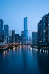 Obraz premium Modern City Skyline Reflection on River at Twilight with Urban Architecture