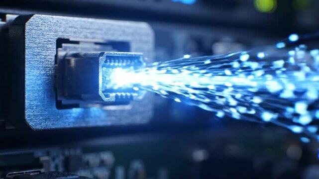 Blue fiber optic cable transmitting data with light beam
