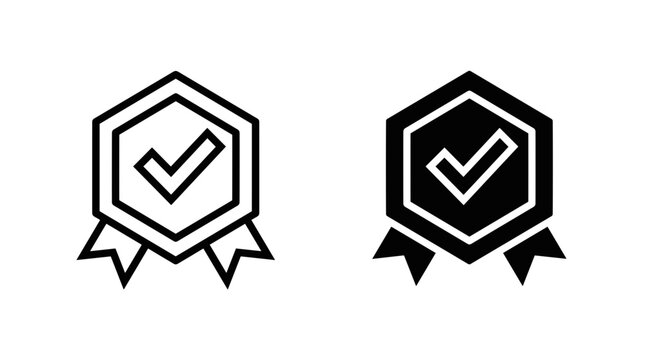 A graphic representing a seal of approval or quality, featuring a checkmark and ribbons, in both outline and solid fill.