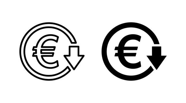 Icon representing a decrease in the value of the Euro currency, shown with a symbol and arrow.