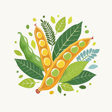 Illustration of fresh green peas in pods with leaves