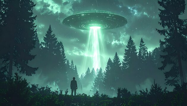 A man and child see UFO in forest