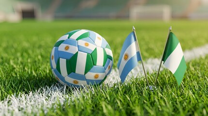 Fototapeta premium Argentine and nigerian flags with soccer ball on green field with white lines
