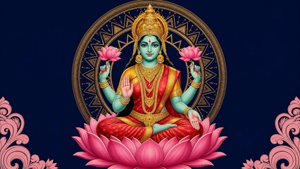 Fototapeta premium Hindu Goddess Lakshmi Sitting on Lotus Flower Illustration for Diwali Festival