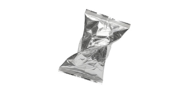 Metallic silver snack bag mockup with crushed foil texture isolated for branding.