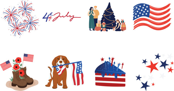 Patriotic collection featuring fireworks 4th of july text family american flag hiking boots with flowers dog cake and stars isolated on transparent, fourth isolated on transparent PNG