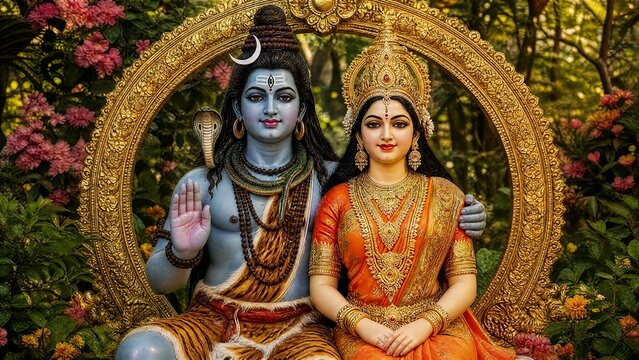 Lord Shiva and Goddess Parvati Divine Couple Statue in Lush Garden