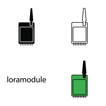 lora module icon set with black outline and green fill isolated on checkered.